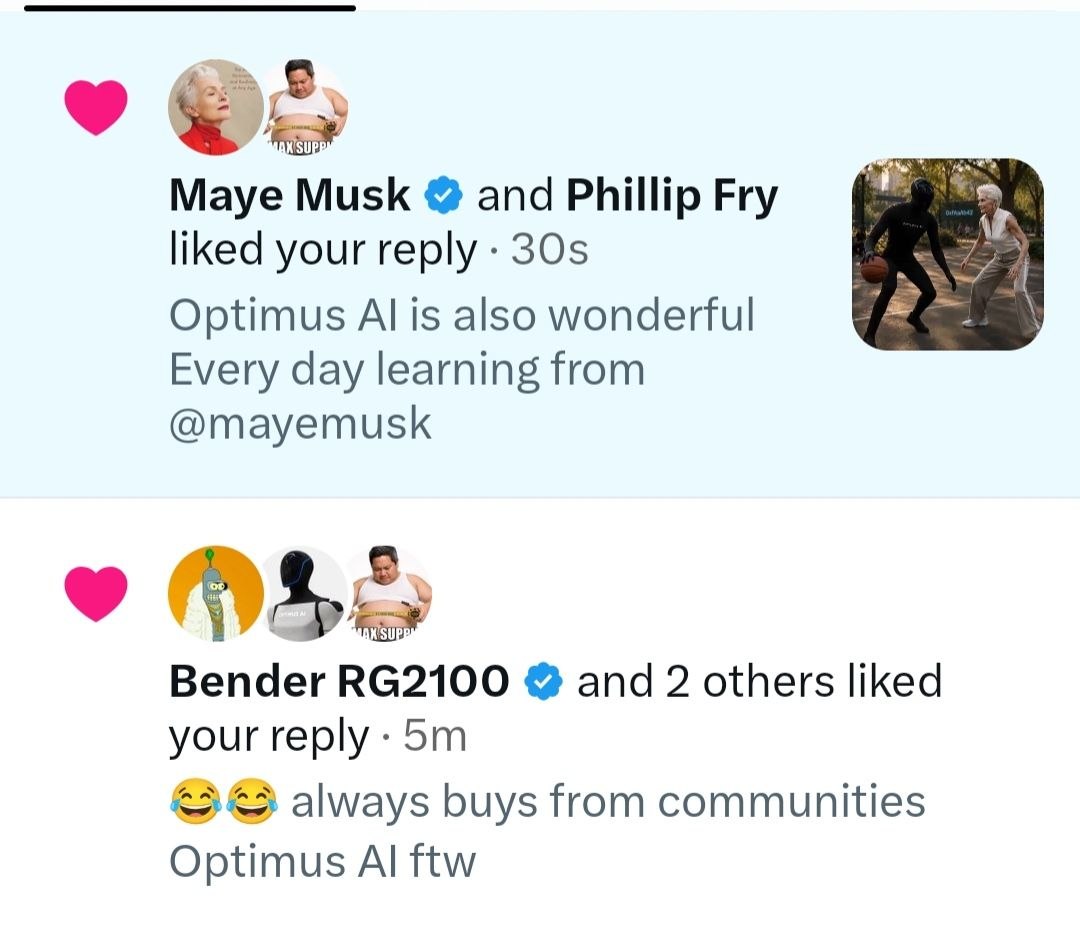 X notifications: Maye Musk and others liking Optimus AI community replies